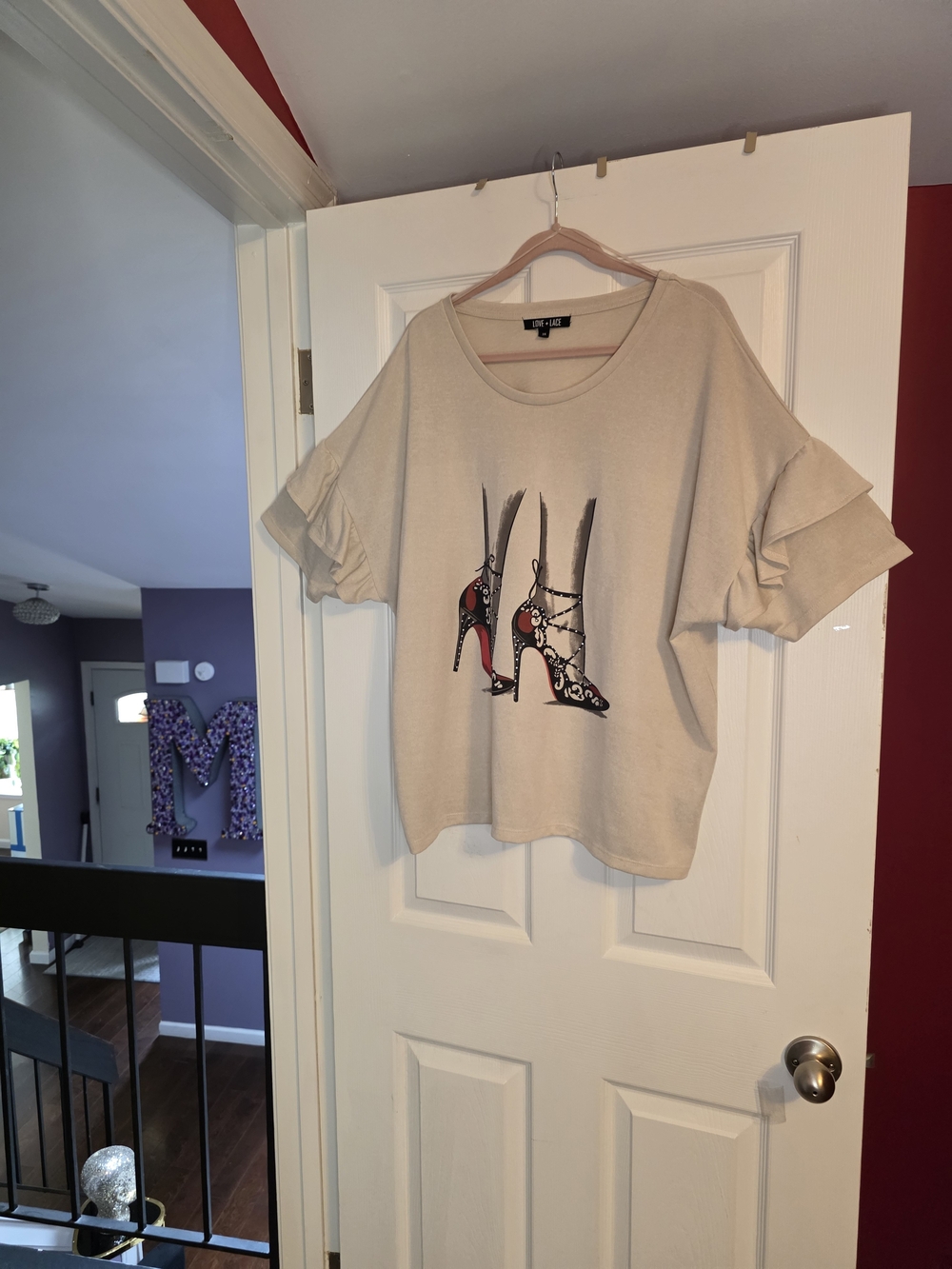 Beige Graphic Ruffle-Sleeve Tunic Top
